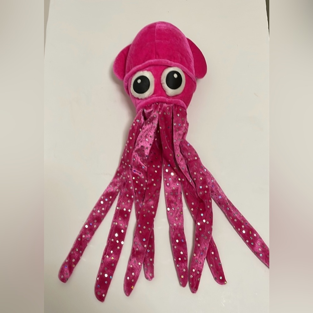 Impact Pink Squid with glittery tentacles Plush Animal EUC 8” W X 21” H